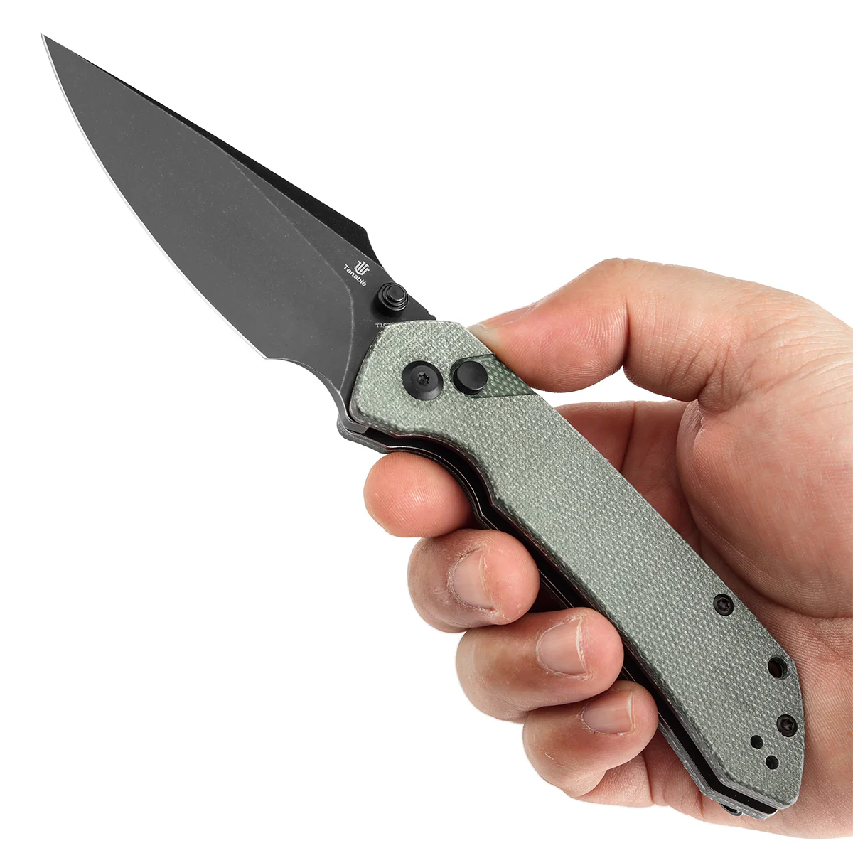 BladeHQ Exclusive Tenable Fenrir Button Lock Knife | Green Micarta | 3.45" Blackwashed 14C28N | Sparrow Knife Design|T1034F5 - Image 9
