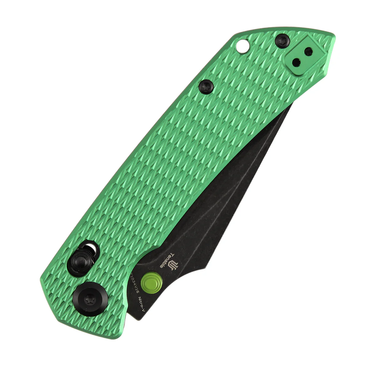 Fenrir Cross Bar Lock Folding Knife| 3.48'' Blackwash Nitro-V Blade | Green Anodized Aluminum with Diamond Patter Handle | Sparrow Knife Design| T1034V16 - Image 6