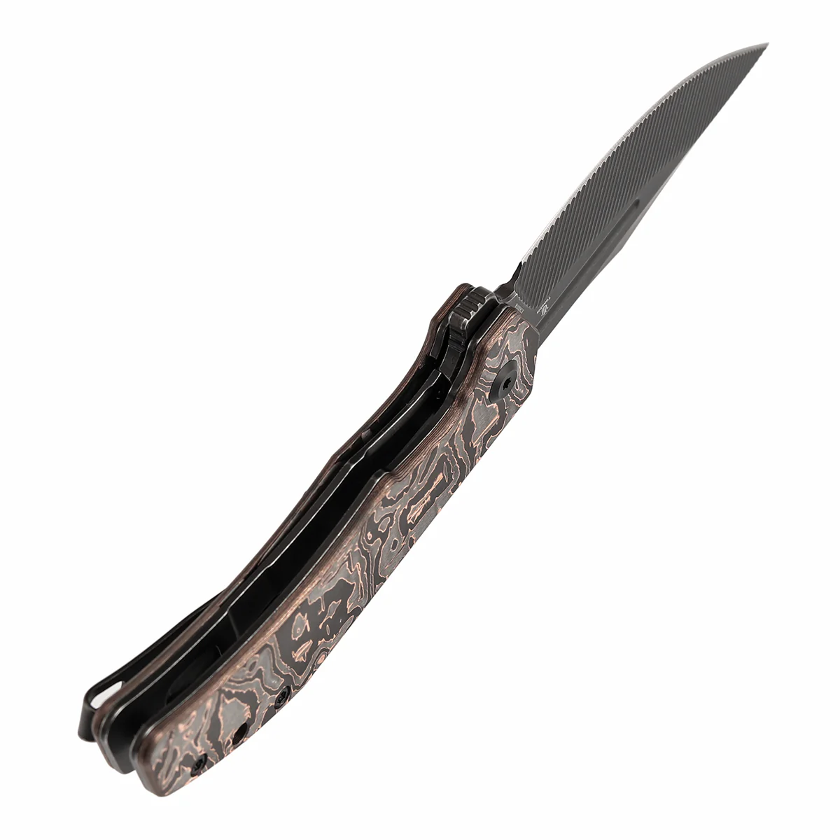 Tenable Orion Flipper Folding Knife | Copper Carbon Fiber Handle | 3.07" Blackwash Nitro V with CNC Milling Blade | JB Stout Design | B1089C3 - Image 4