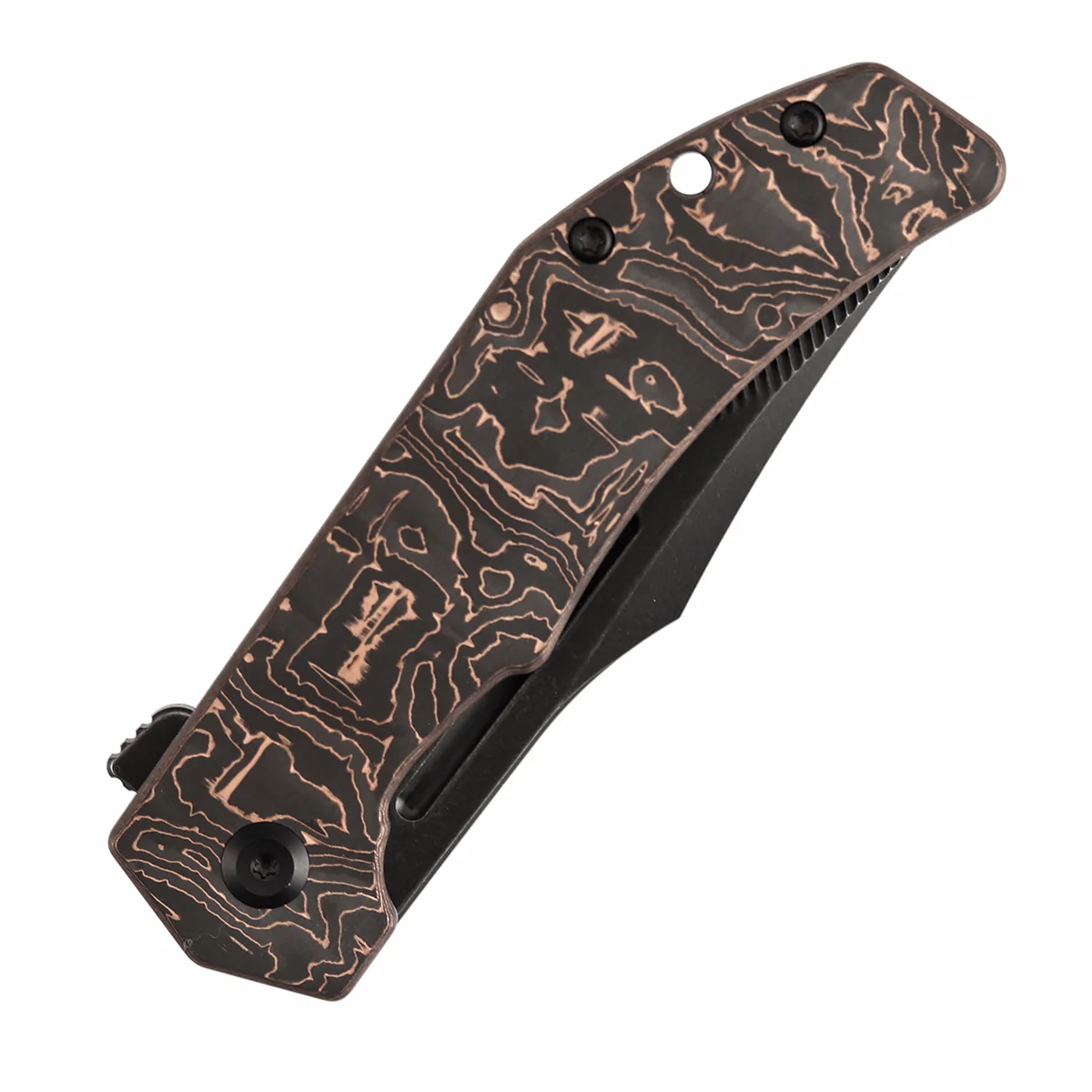 Tenable Orion Flipper Folding Knife | Copper Carbon Fiber Handle | 3.07" Blackwash Nitro V with CNC Milling Blade | JB Stout Design | B1089C3 - Image 6