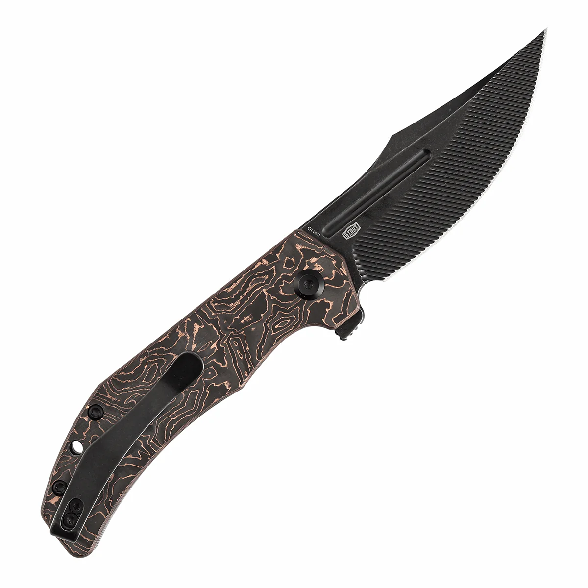 Tenable Orion Flipper Folding Knife | Copper Carbon Fiber Handle | 3.07" Blackwash Nitro V with CNC Milling Blade | JB Stout Design | B1089C3 - Image 8