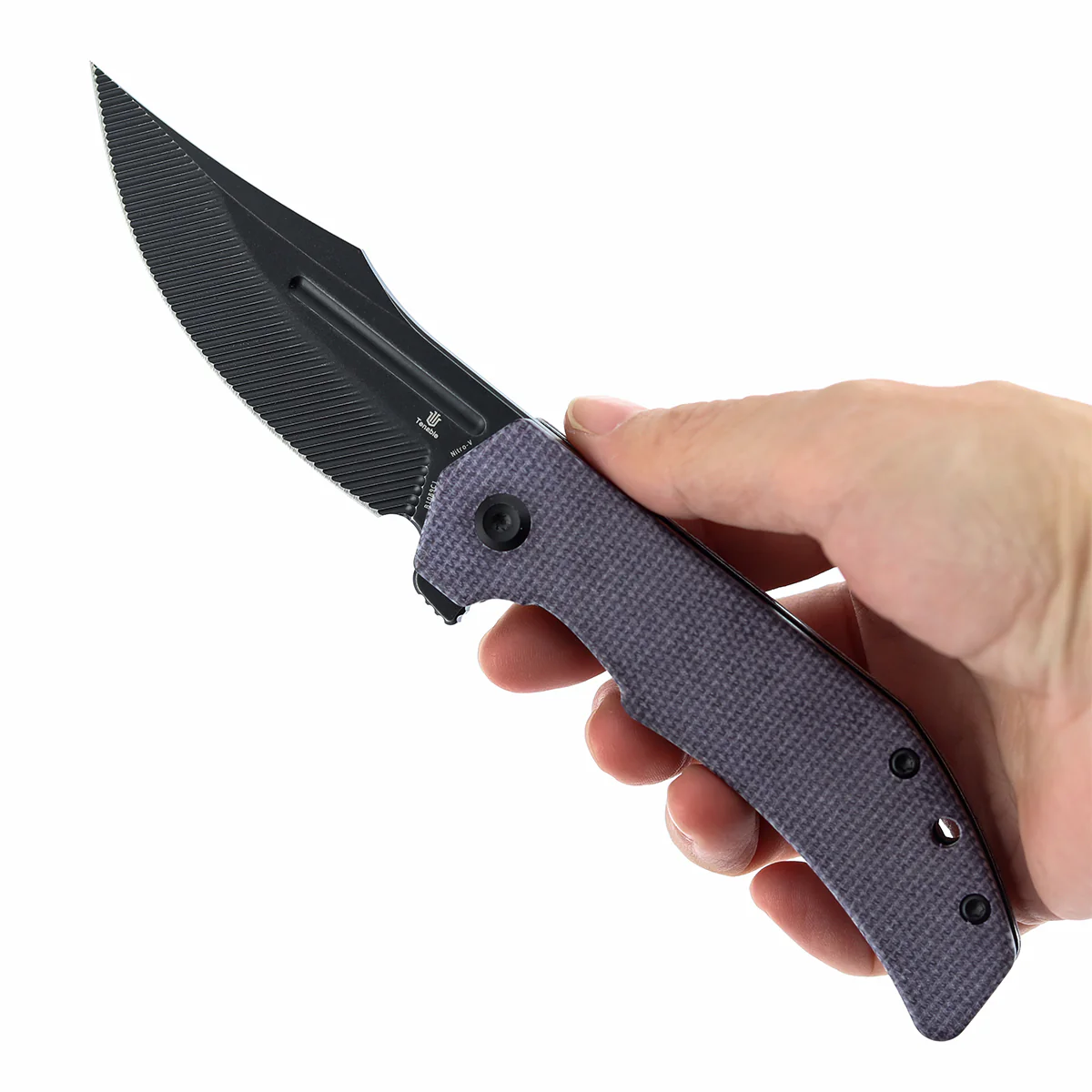 Tenable Orion Flipper Folding Knife | Purple Micarta Handle | 3.07" Blackwash Nitro V with CNC Milling Blade | JB Stout Design | B1089C1 - Image 9