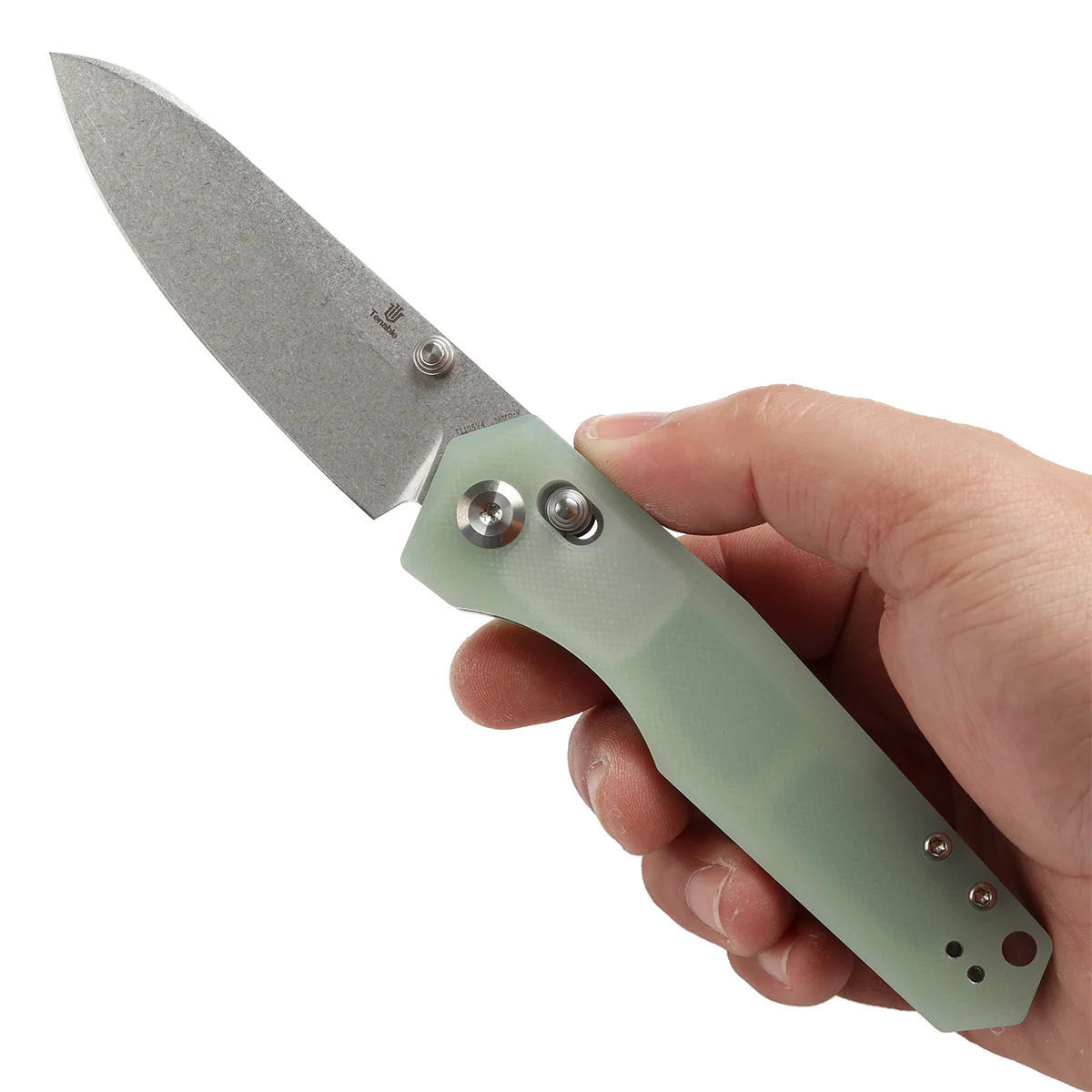 Tenable Beaver Cross Bar Lock Folding Knife Jade G10 Handle (3.44'' Stonewashed Nitro-V Blade) Kim Ning Design-T1105V4 - Image 9