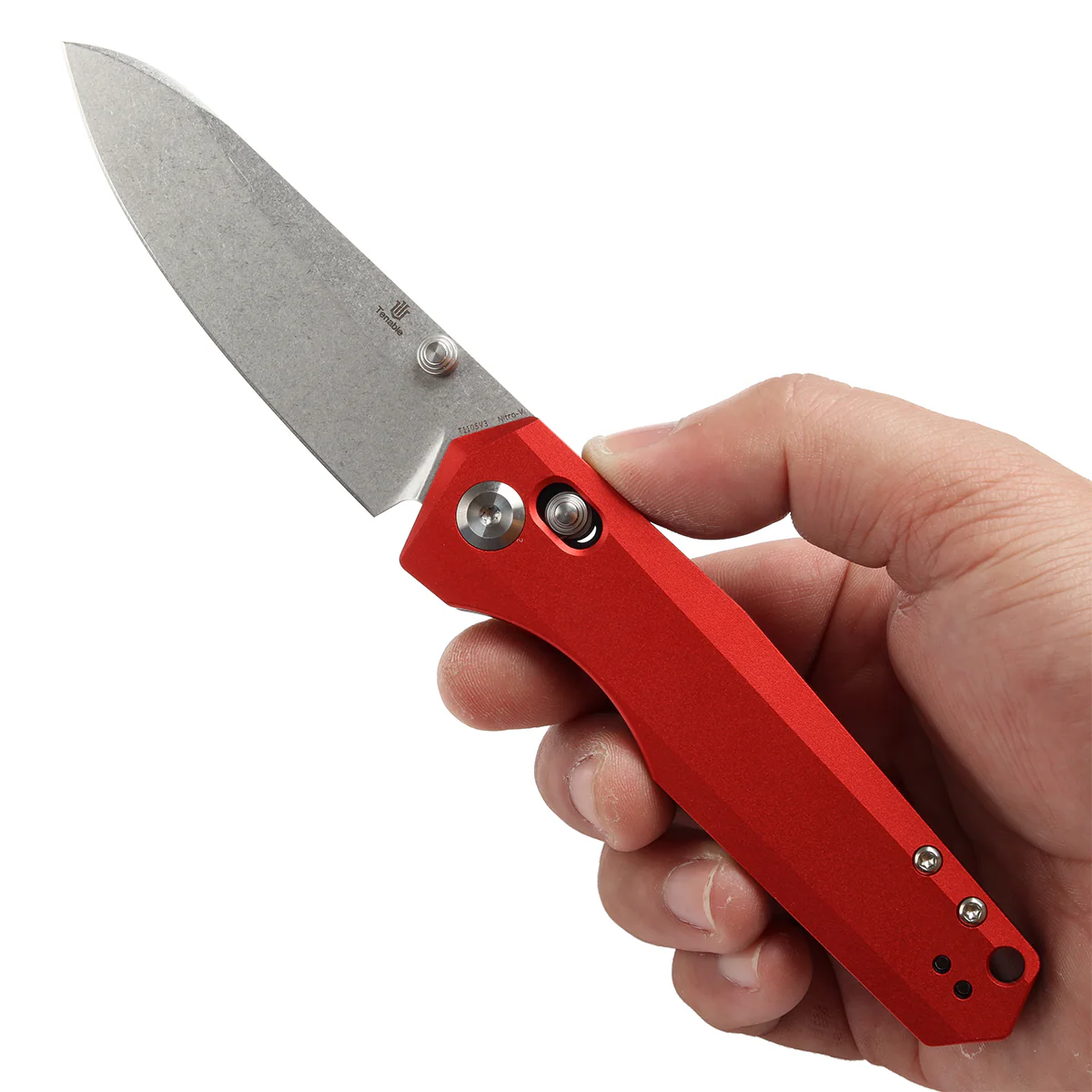 Tenable Beaver Cross Bar Lock Folding Knife Dark Red Anodized Aluminum Handle (3.44'' Stonewashed Nitro-V Blade) Kim Ning Design-T1105V3 - Image 9