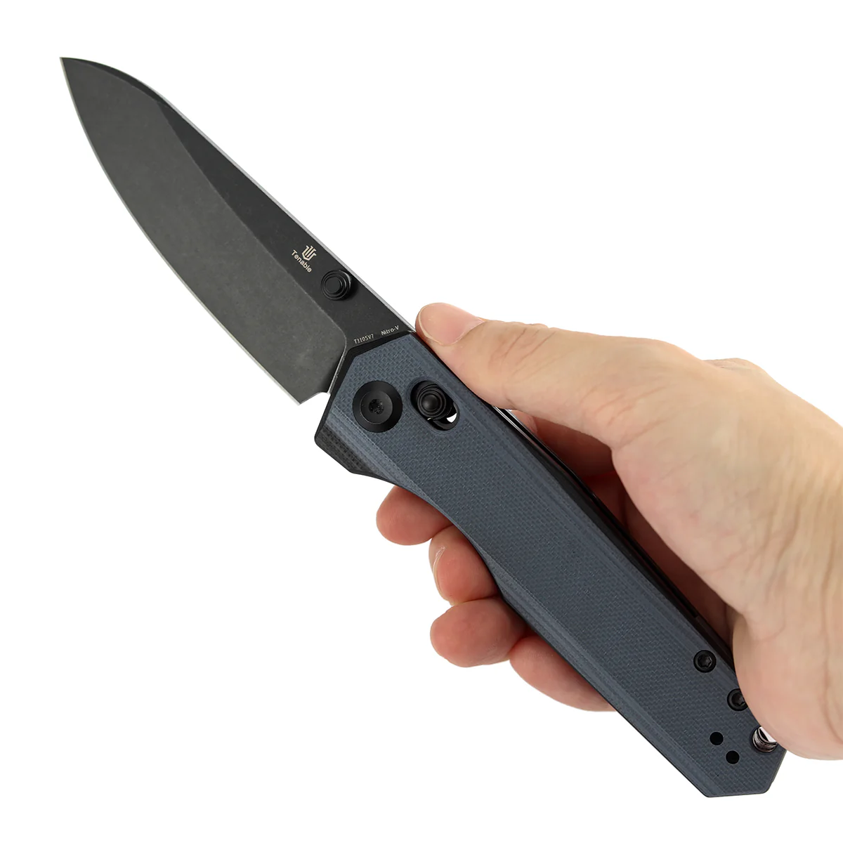 Tenable Beaver CrossBar Folding Knife | 3.44'' Blackwash Nitro-V Blade | Gray and Black G10 Handle | Kim Ning Design-T1105V7 - Image 9