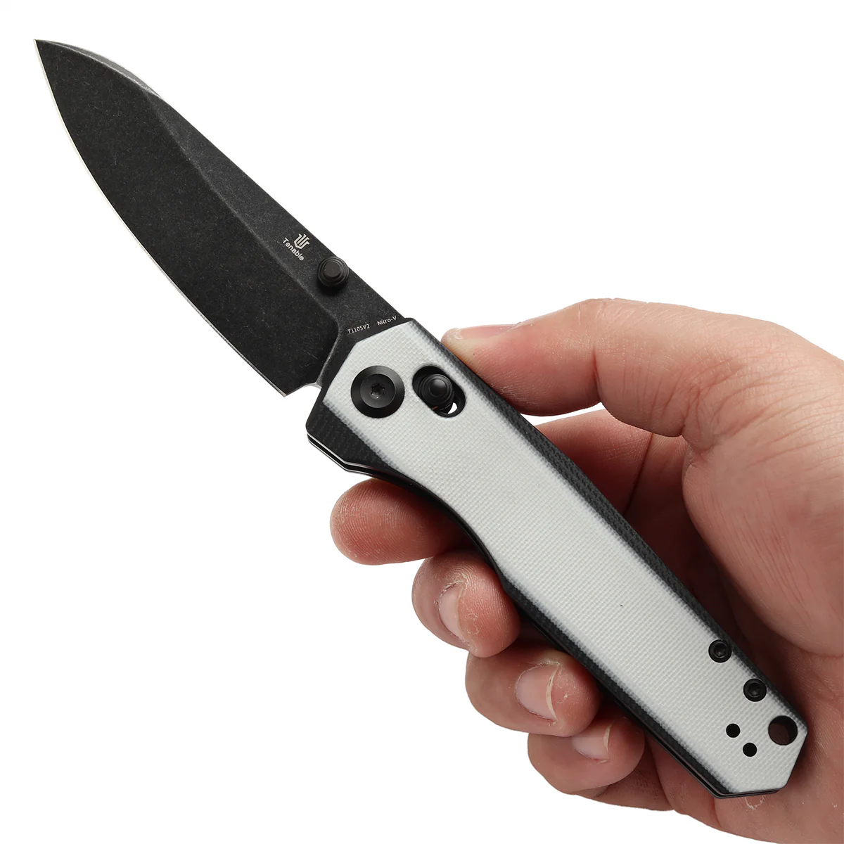 Tenable Beaver Cross Bar Lock Folding Knife Ivory White and Black G10 Handle (3.44'' Blackwash Nitro-V Blade) Kim Ning Design-T1105V2 - Image 9