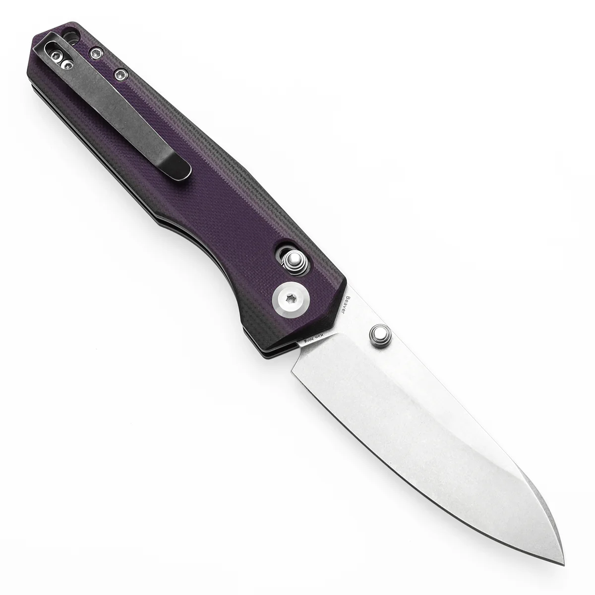 Tenable Beaver Cross Bar Lock Folding Knife Purple and Black G10 Handle (3.44'' Stonewashed Nitro-V Blade) Kim Ning Design-T1105V1 - Image 3