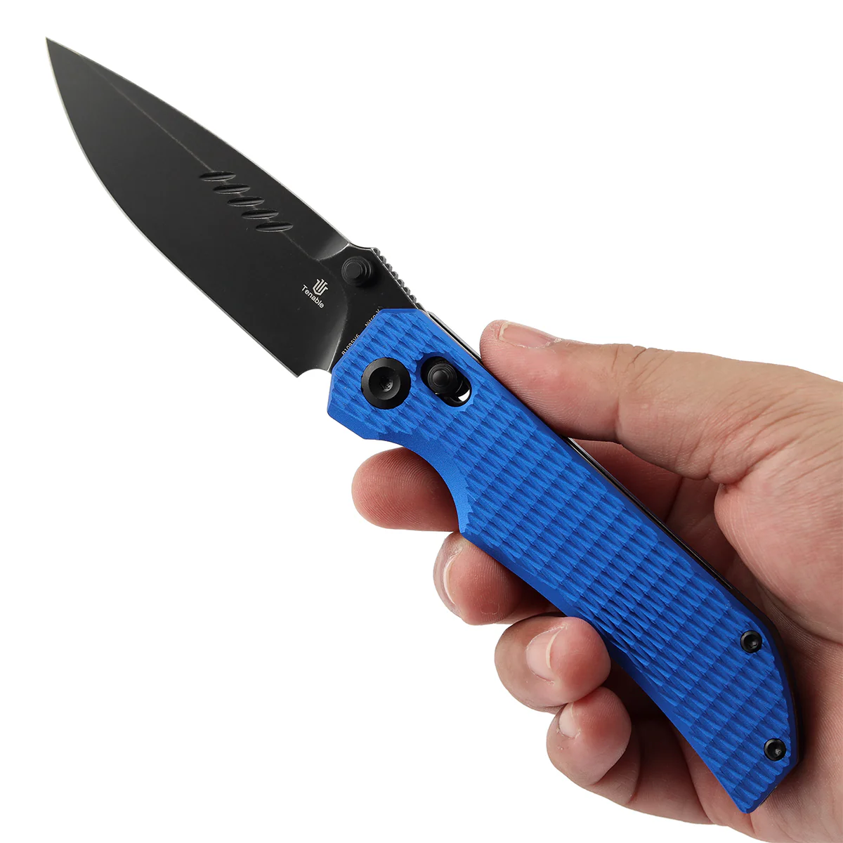 Tenable Eaglestrike | Cross Bar Lock | 3.73'' Black Stonewashed Nitro V Blade | Blue Anodized Aluminum with Diamond Pattern Handle | James Lowe Design-B1095V6 - Image 9