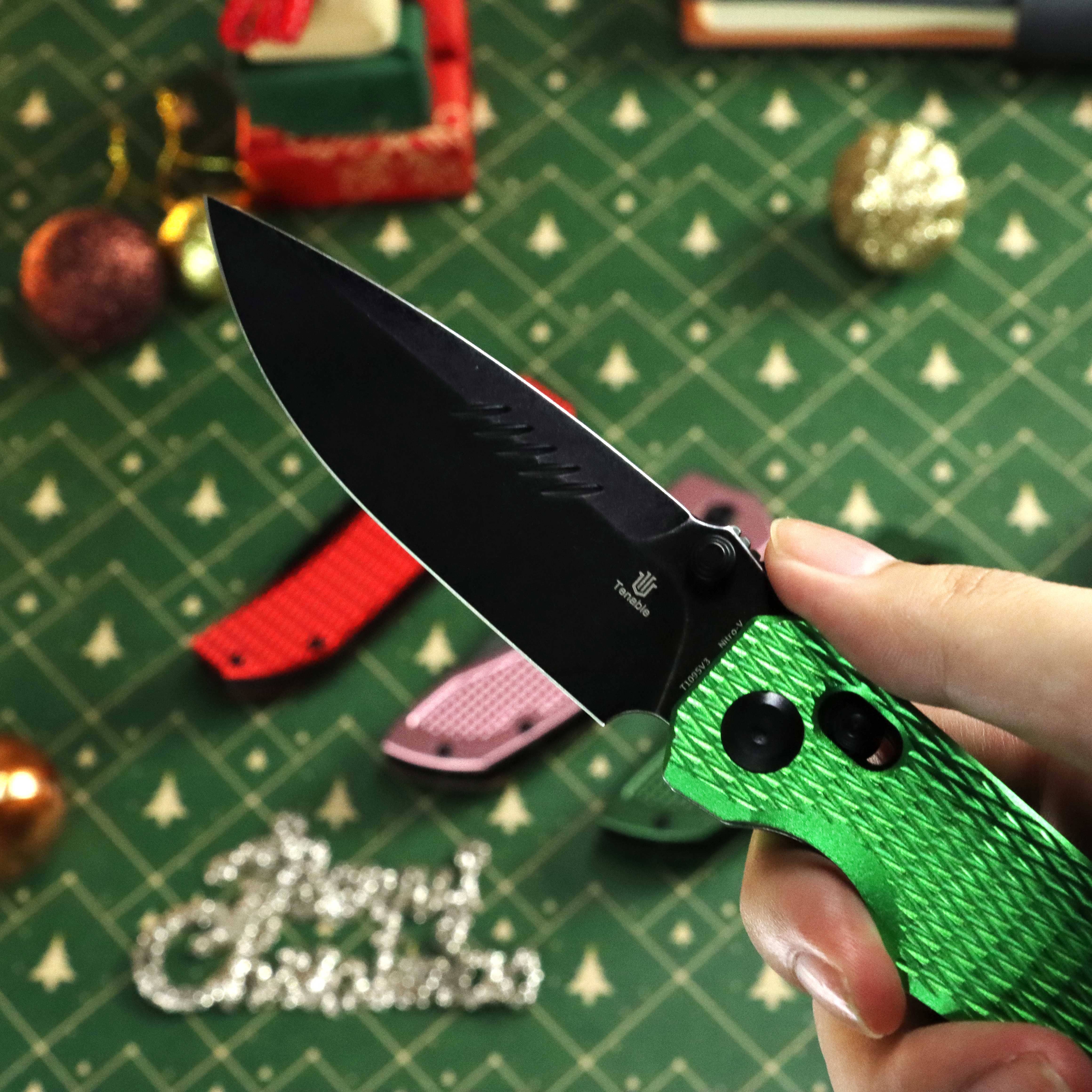 Tenable Eaglestrike Cross Bar Lock Folding Knife Green Anodized Aluminum with Diamond Pattern Handle (3.73'' Blackwash Nitro-V Blade) James Lowe Design-T1095V3 - Image 11