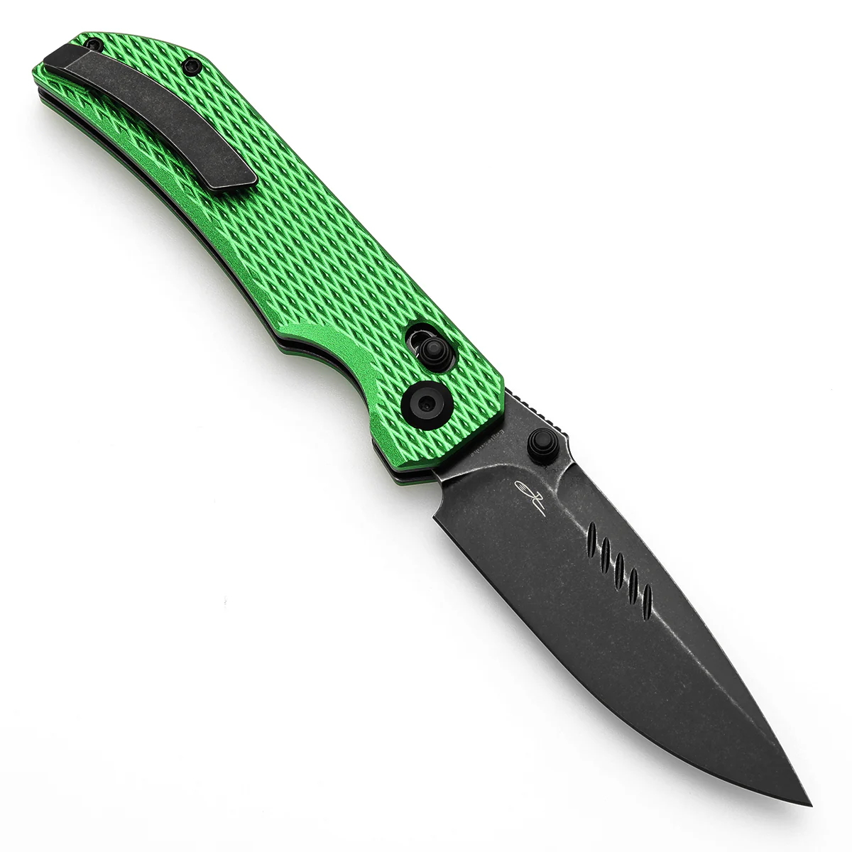 Tenable Eaglestrike Cross Bar Lock Folding Knife Green Anodized Aluminum with Diamond Pattern Handle (3.73'' Blackwash Nitro-V Blade) James Lowe Design-T1095V3 - Image 3