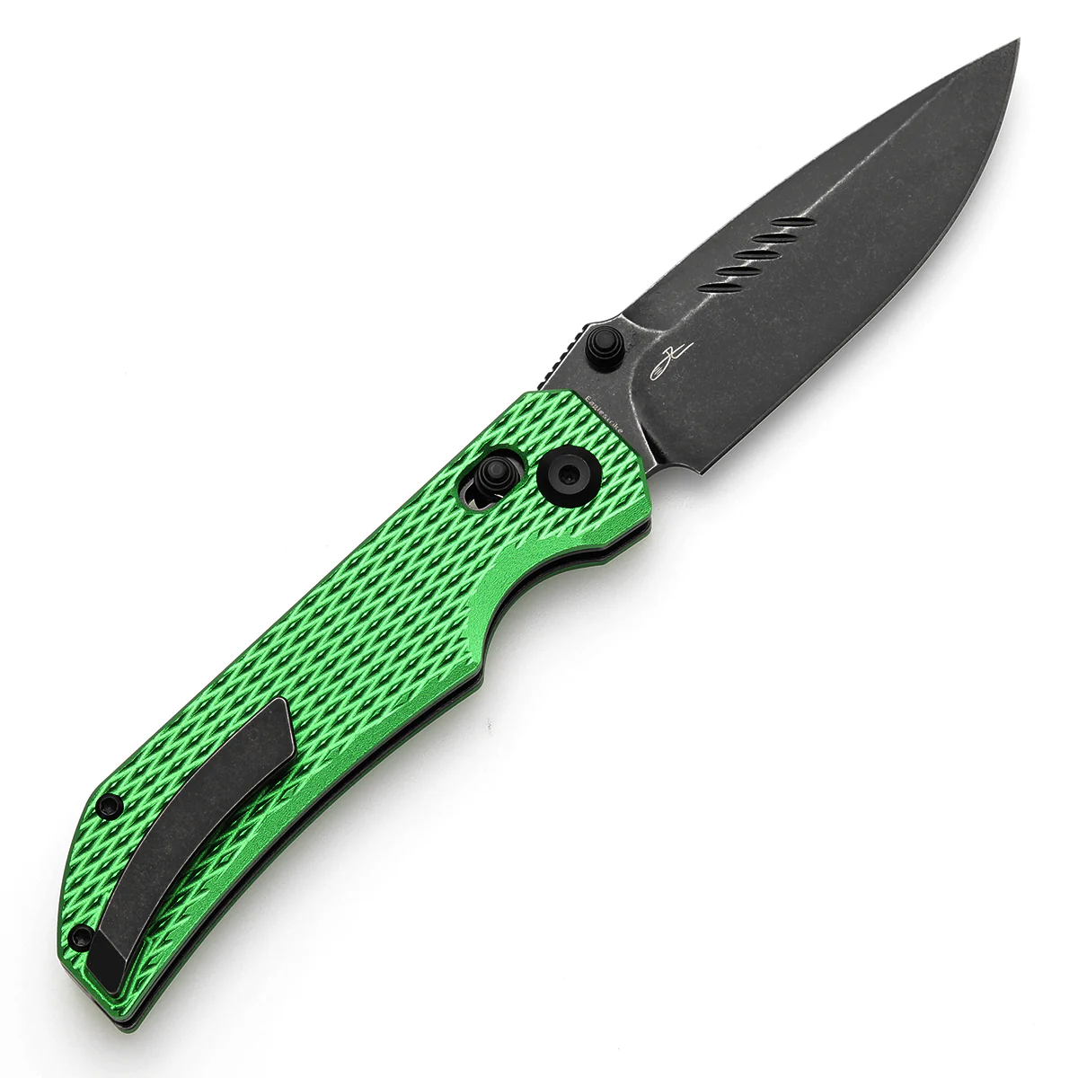 Tenable Eaglestrike Cross Bar Lock Folding Knife Green Anodized Aluminum with Diamond Pattern Handle (3.73'' Blackwash Nitro-V Blade) James Lowe Design-T1095V3 - Image 8
