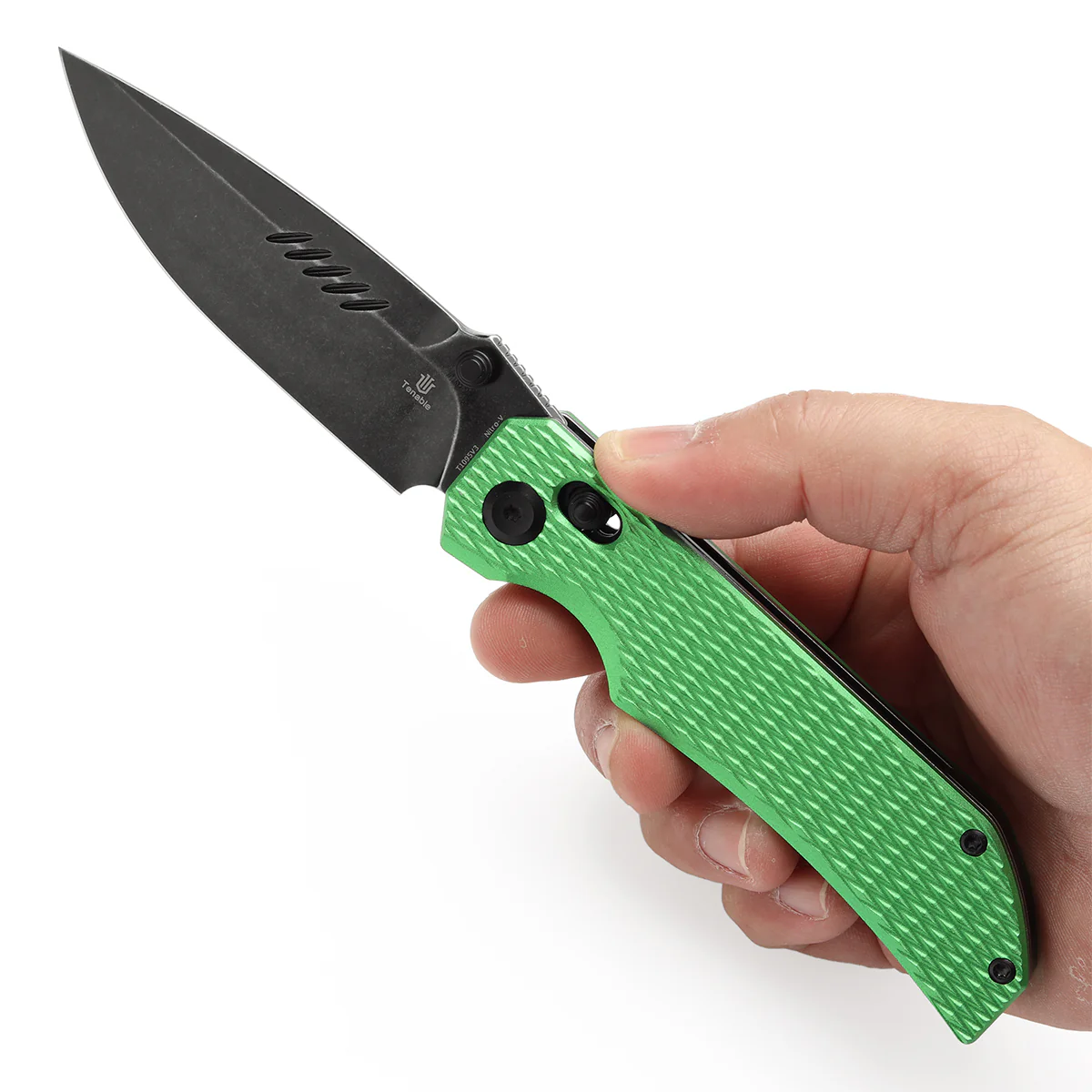 Tenable Eaglestrike Cross Bar Lock Folding Knife Green Anodized Aluminum with Diamond Pattern Handle (3.73'' Blackwash Nitro-V Blade) James Lowe Design-T1095V3 - Image 9