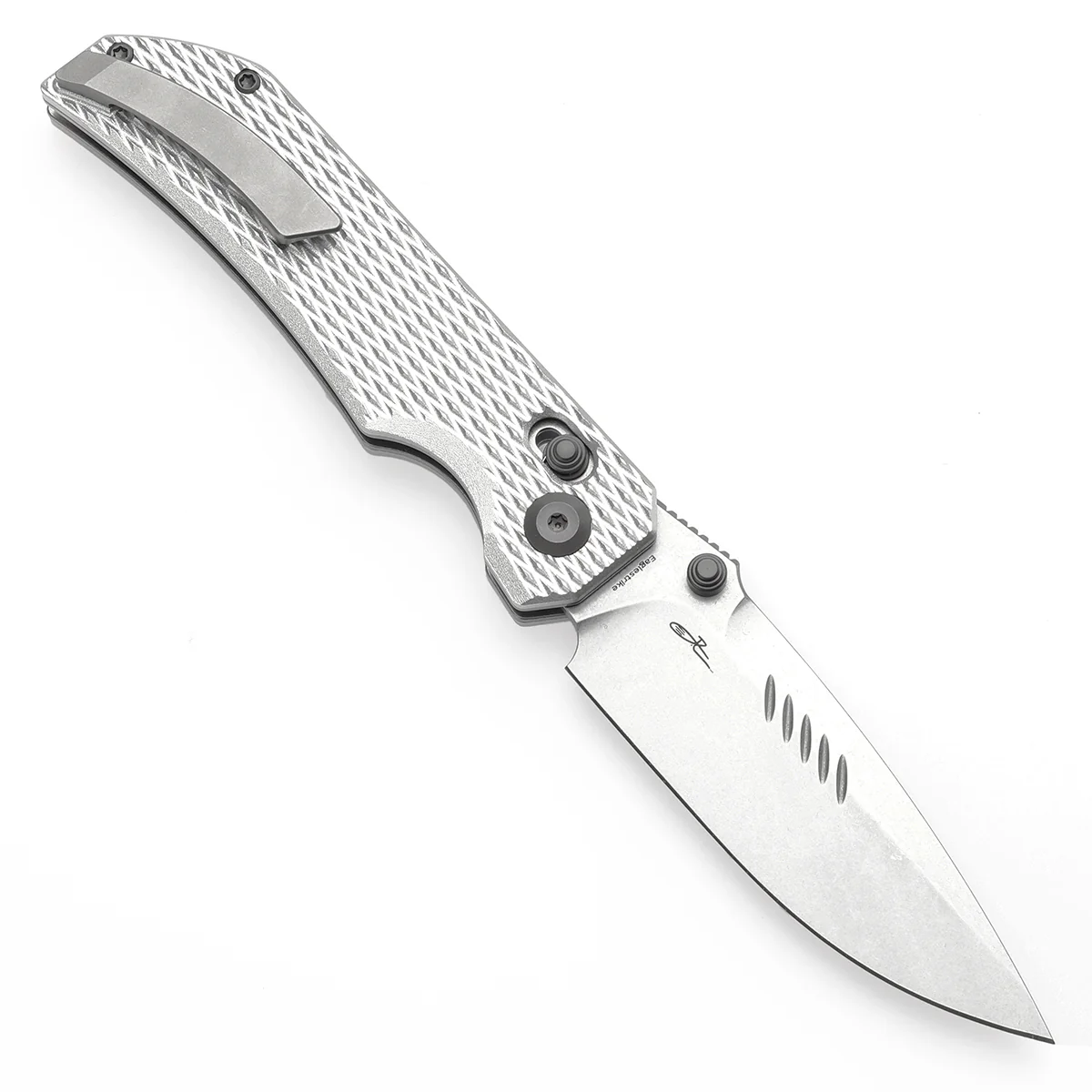 Tenable Eaglestrike Cross Bar Lock Folding Knife Silver Anodized Aluminum with Diamond Pattern Handle (3.73'' Stonewashed Nitro-V Blade) James Lowe Design-T1095V4 - Image 3