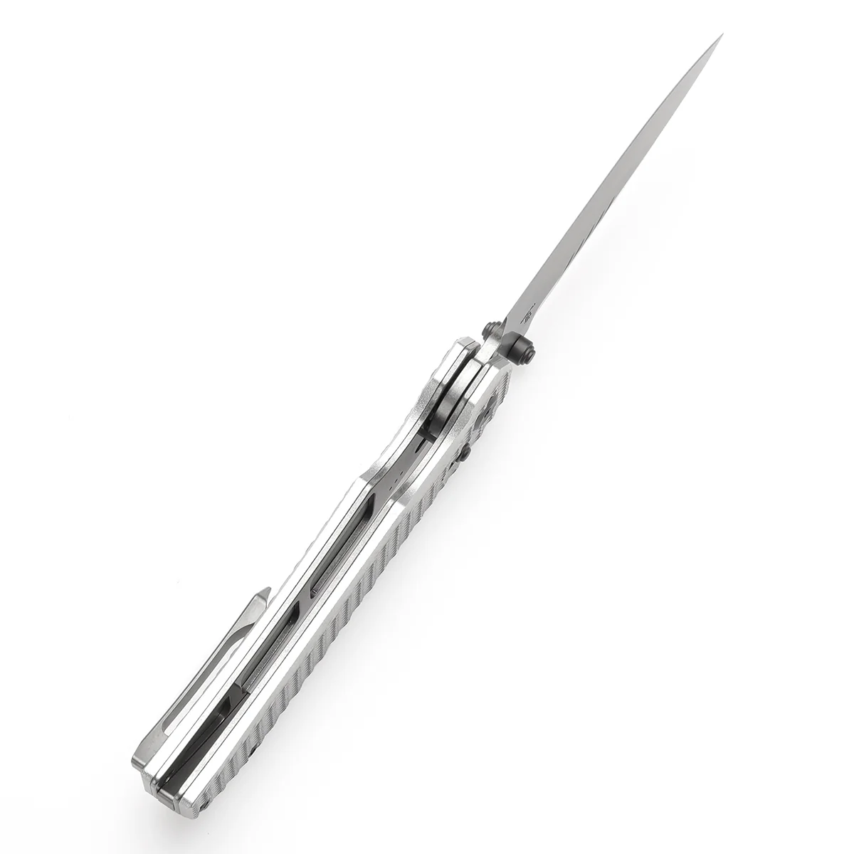 Tenable Eaglestrike Cross Bar Lock Folding Knife Silver Anodized Aluminum with Diamond Pattern Handle (3.73'' Stonewashed Nitro-V Blade) James Lowe Design-T1095V4 - Image 4