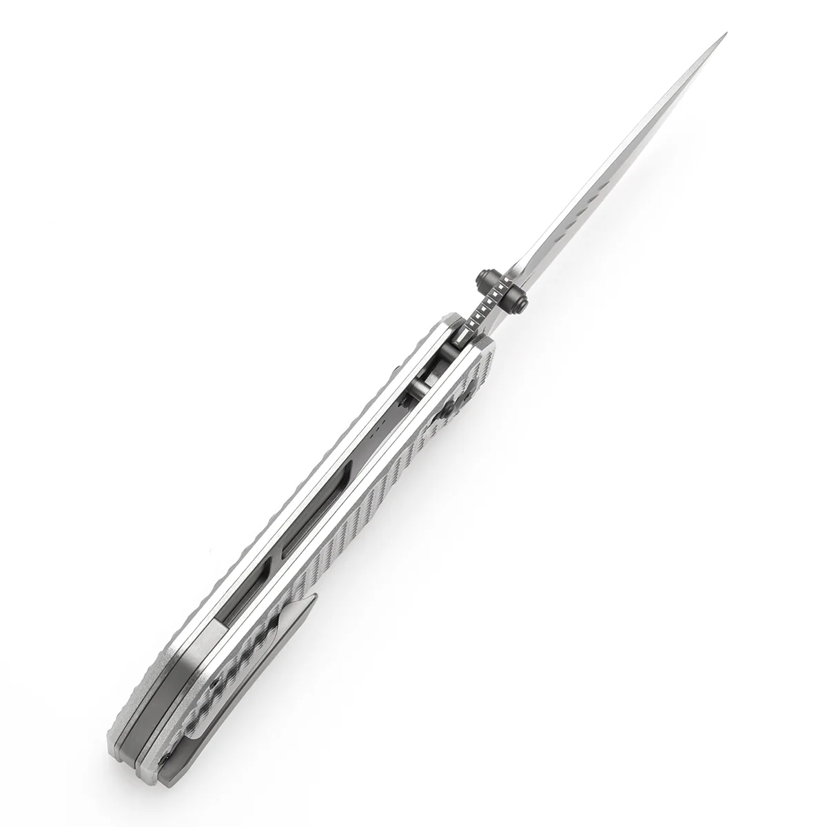 Tenable Eaglestrike Cross Bar Lock Folding Knife Silver Anodized Aluminum with Diamond Pattern Handle (3.73'' Stonewashed Nitro-V Blade) James Lowe Design-T1095V4 - Image 5