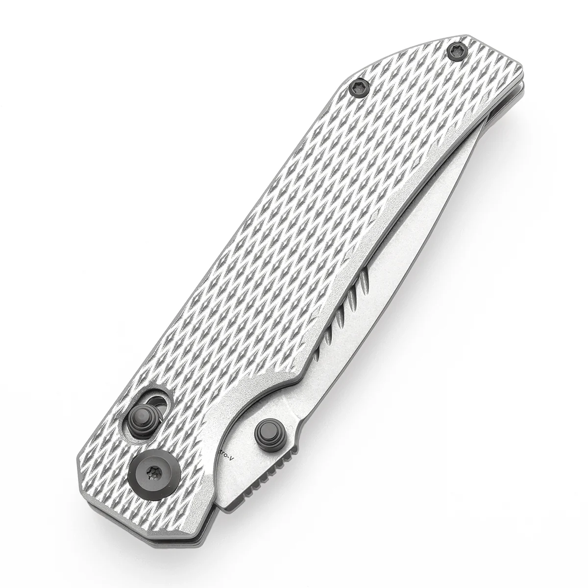 Tenable Eaglestrike Cross Bar Lock Folding Knife Silver Anodized Aluminum with Diamond Pattern Handle (3.73'' Stonewashed Nitro-V Blade) James Lowe Design-T1095V4 - Image 6
