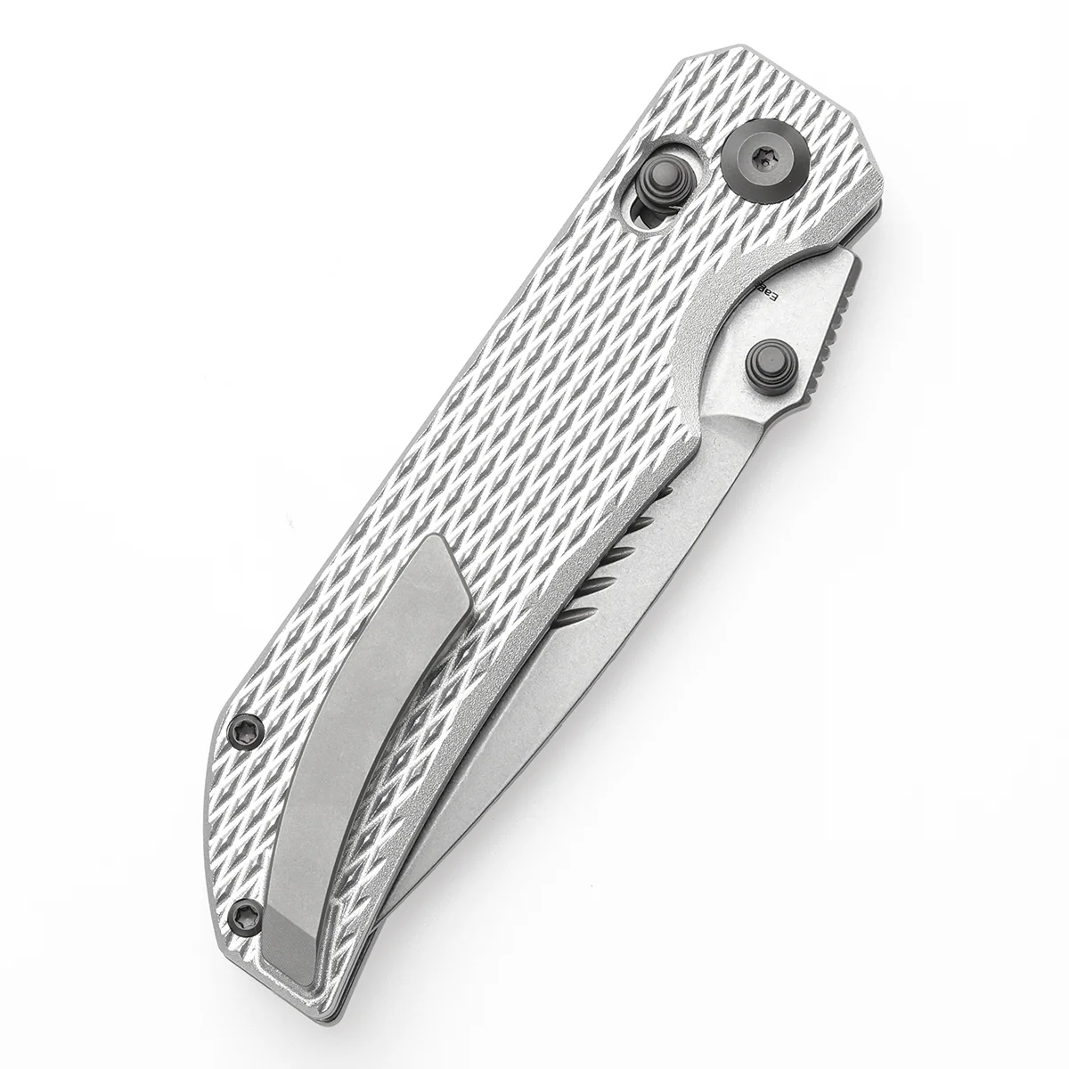 Tenable Eaglestrike Cross Bar Lock Folding Knife Silver Anodized Aluminum with Diamond Pattern Handle (3.73'' Stonewashed Nitro-V Blade) James Lowe Design-T1095V4 - Image 7