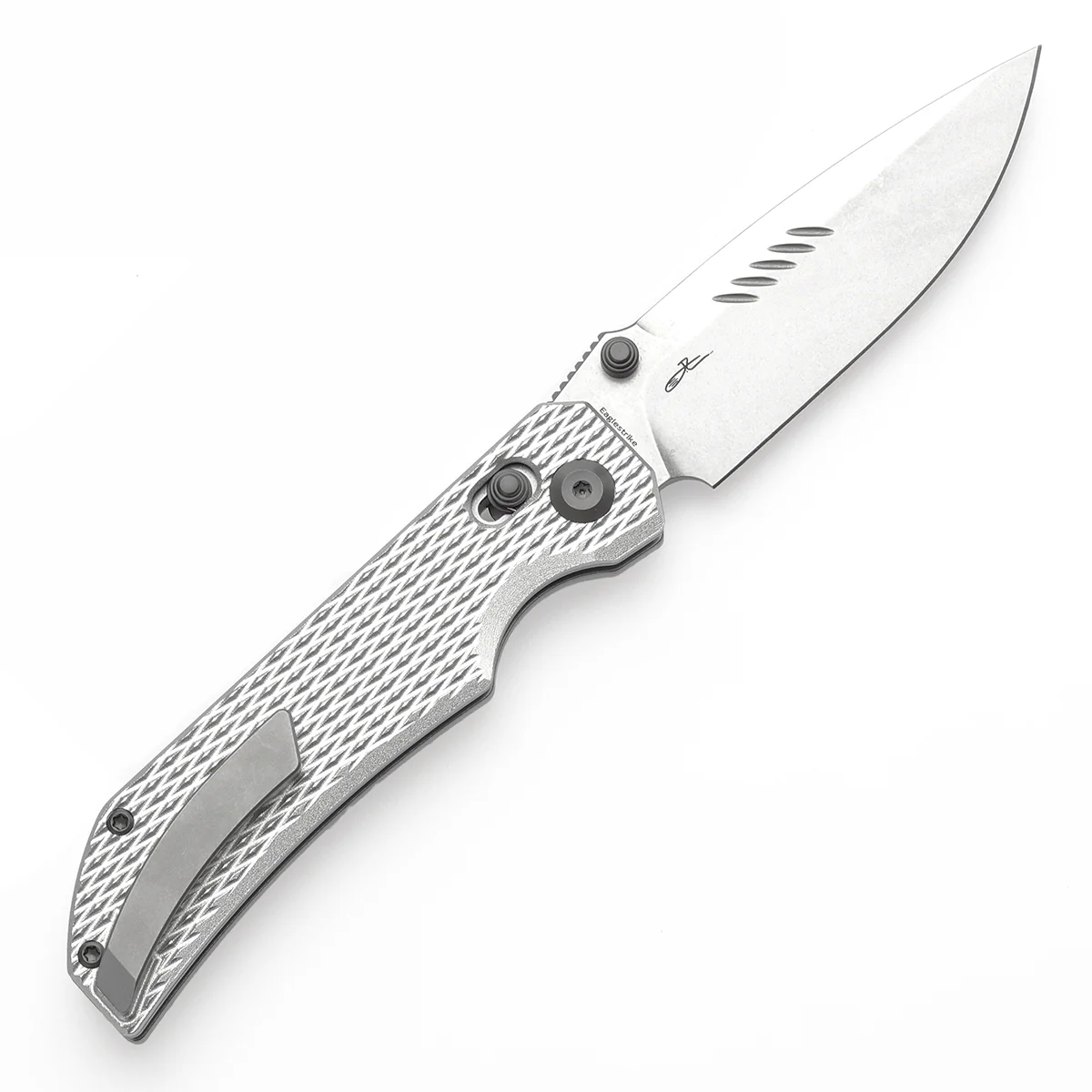Tenable Eaglestrike Cross Bar Lock Folding Knife Silver Anodized Aluminum with Diamond Pattern Handle (3.73'' Stonewashed Nitro-V Blade) James Lowe Design-T1095V4 - Image 8