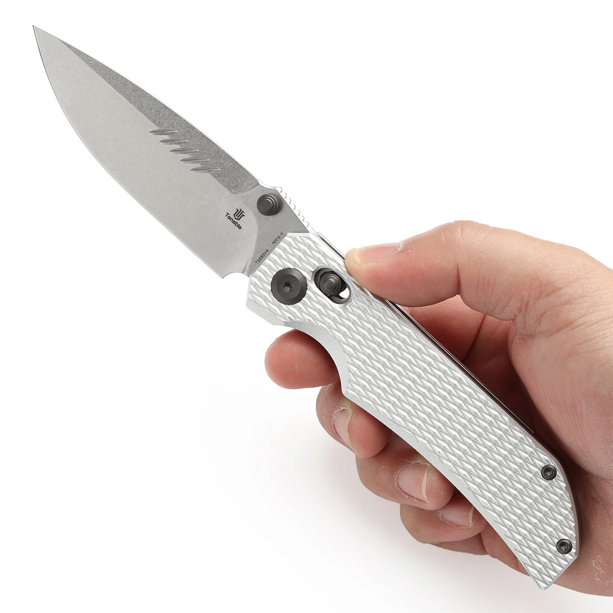 Tenable Eaglestrike Cross Bar Lock Folding Knife Silver Anodized Aluminum with Diamond Pattern Handle (3.73'' Stonewashed Nitro-V Blade) James Lowe Design-T1095V4 - Image 9