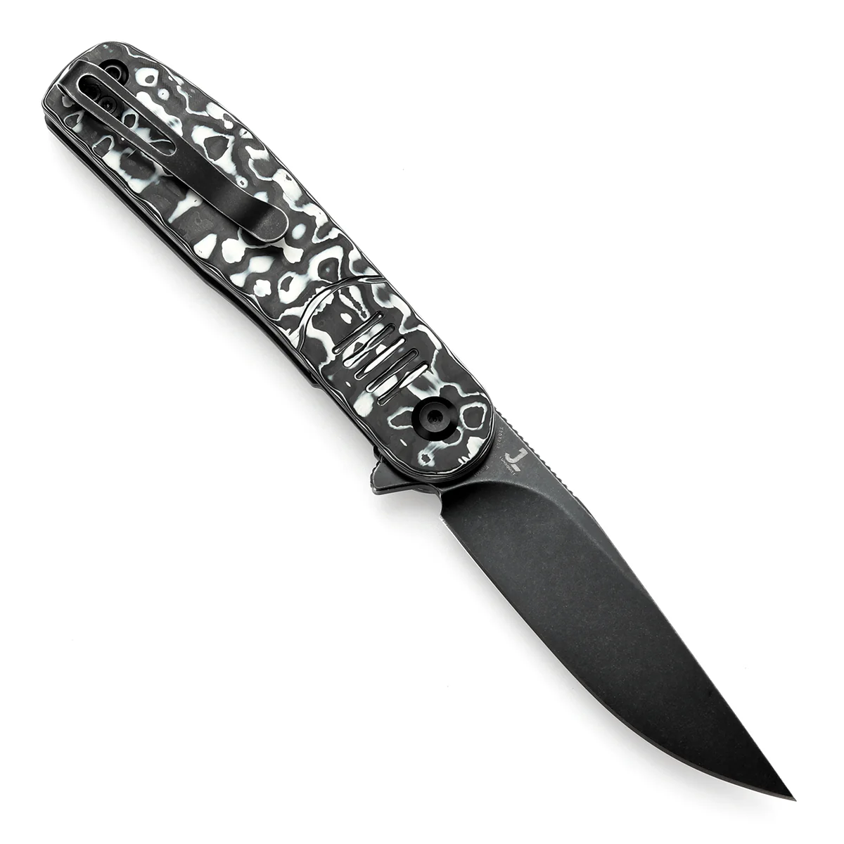 Tenable Einar Folding Knife Black & White Carbon Fiber Handle (3.13'' Blackwash Nitro-V Blade) Justin Lundquist Design-T2072A4 - Image 3