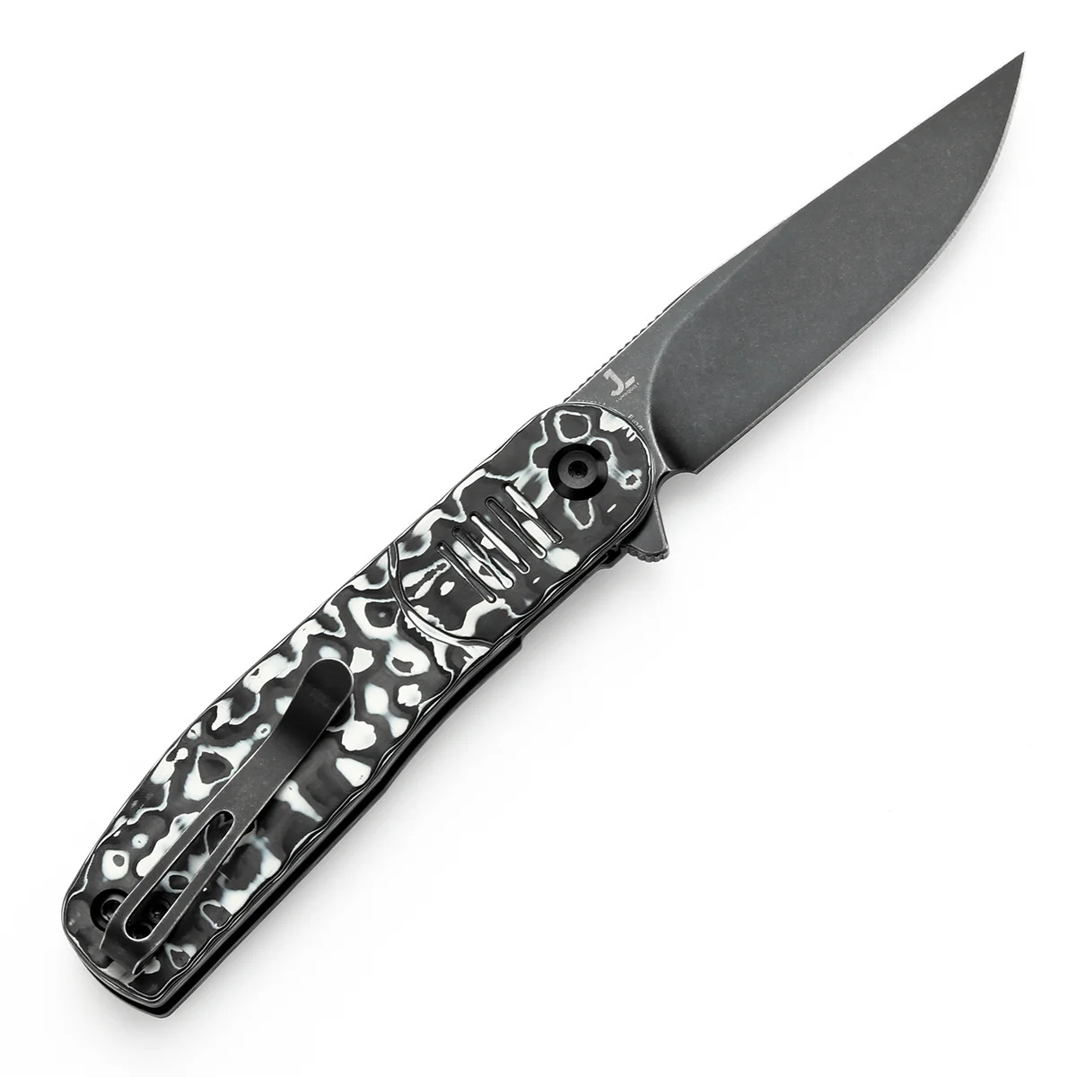 Tenable Einar Folding Knife Black & White Carbon Fiber Handle (3.13'' Blackwash Nitro-V Blade) Justin Lundquist Design-T2072A4 - Image 8