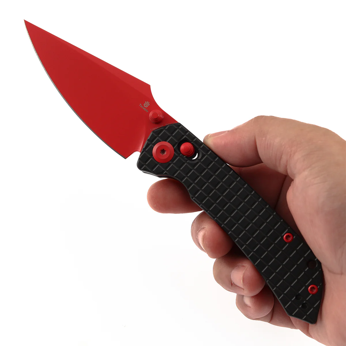 Tenable Fenrir Cross Bar Lock Folding Knife| Blcak Aluminum with Frag Pattern | Red Coated Nitro-V Blade | T1034V10 - Image 9