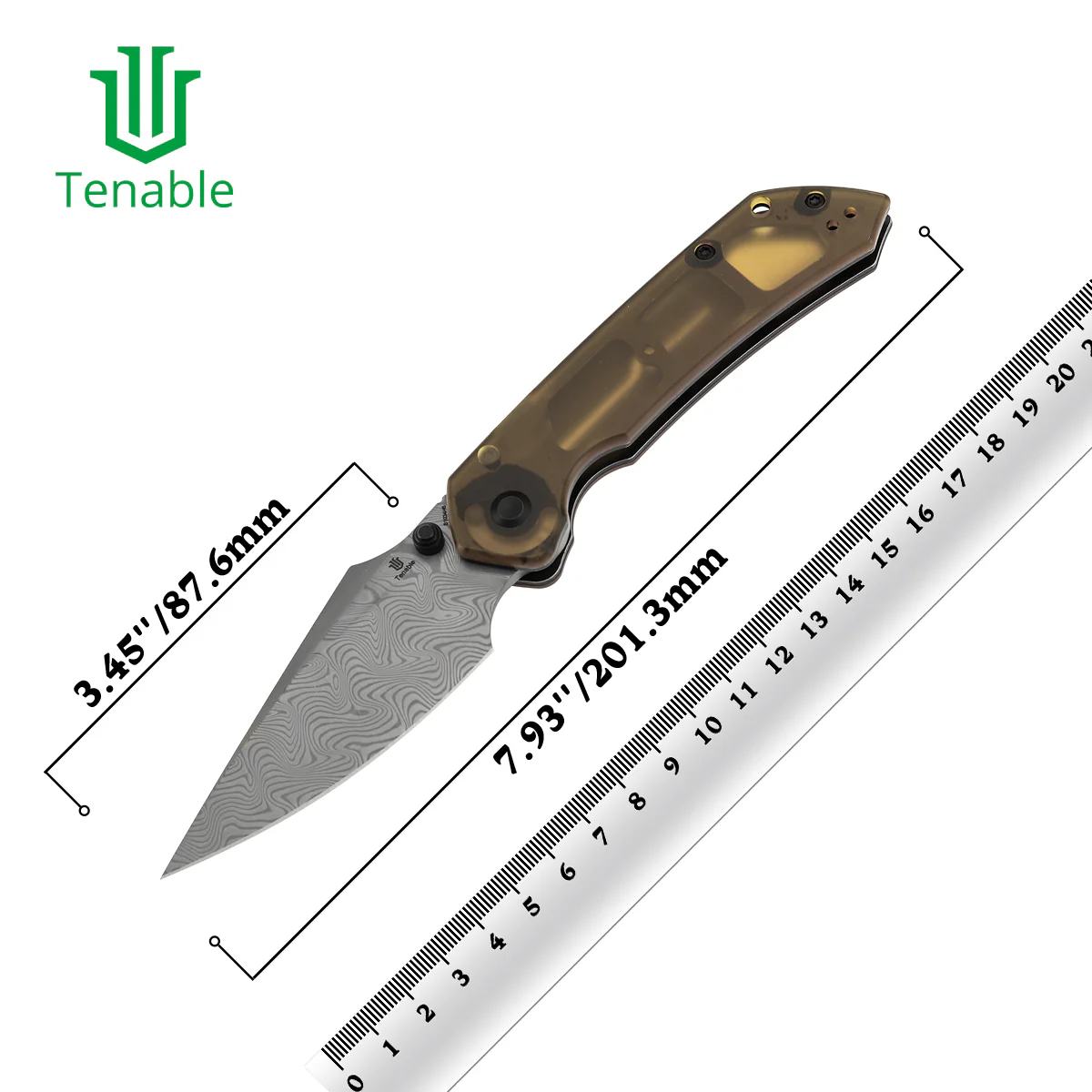 Available on TikTok -Tenable Fenrir Top Liner Lock Folding Knife| Amber PEI Handle | 3.4“ Damacus Blade | Sparrow Knife Design | B1034H6 - Image 10