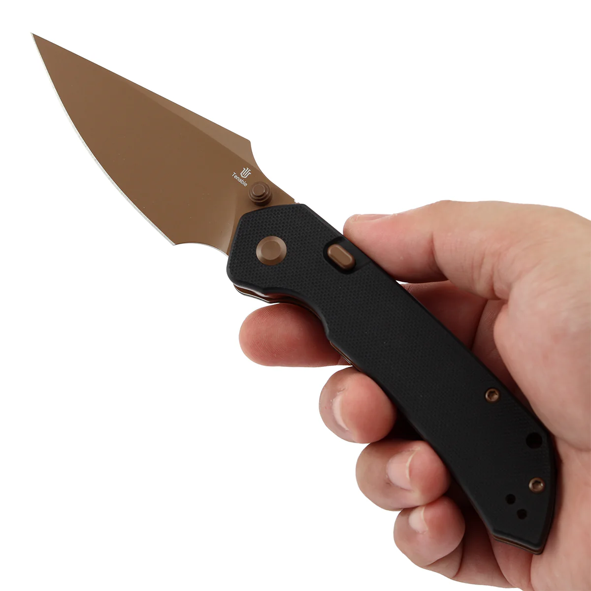 Available on TikTok - Tenable Fenrir Top Liner Lock Folding Knife| Black G10 Handle | 3.48“ Rose Gold Coated Nitro-V Blade | Sparrow Knife Design | B1034H3 - Image 9
