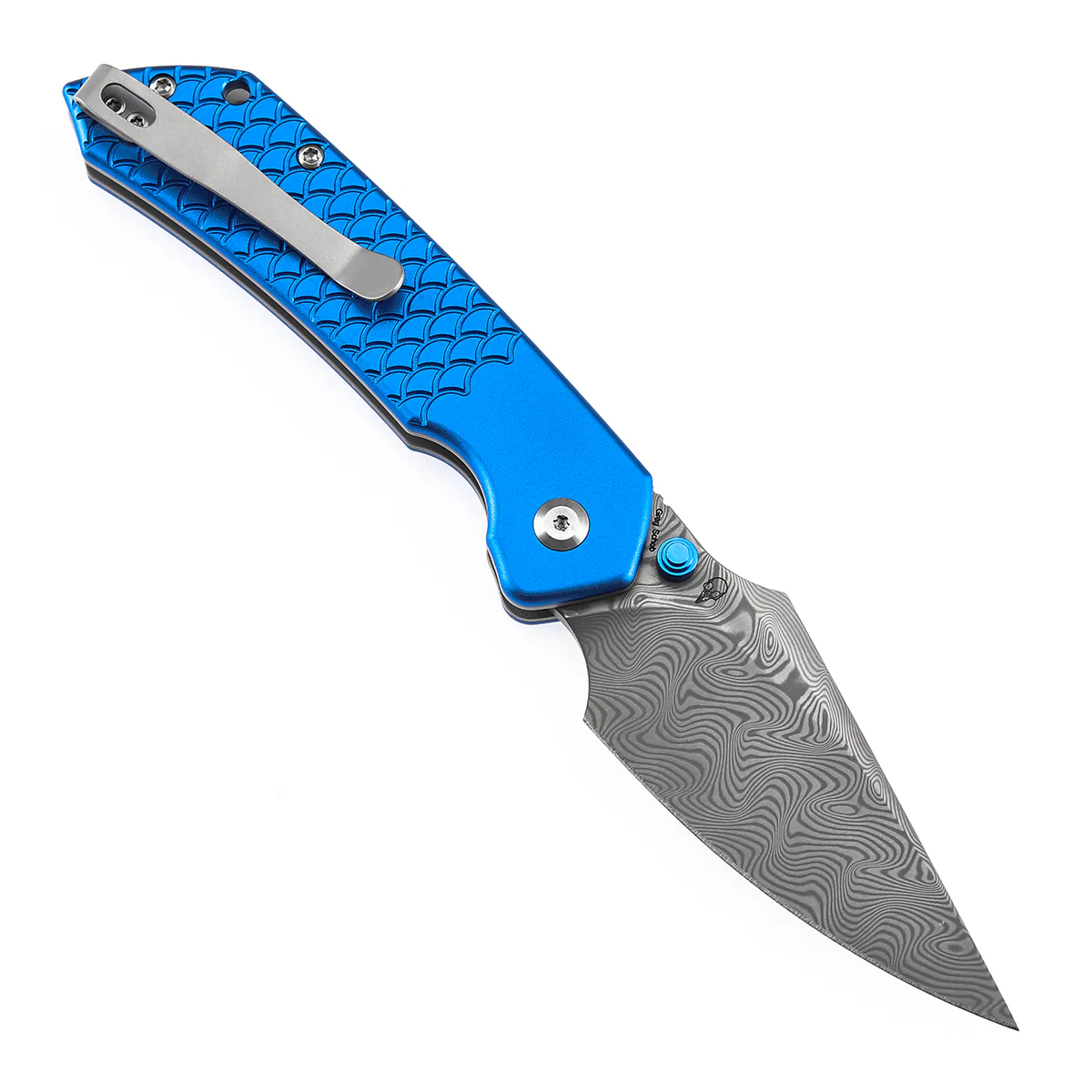 Tenable Fenrir Top Liner Lock Folding Knife| Dark Blue Anodized Aluminum with Fishscale Texture Handle | 3.48“ Damascus Blade | Sparrow Knife Design | B1034H9 - Image 3