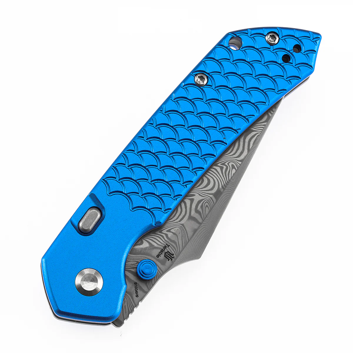 Tenable Fenrir Top Liner Lock Folding Knife| Dark Blue Anodized Aluminum with Fishscale Texture Handle | 3.48“ Damascus Blade | Sparrow Knife Design | B1034H9 - Image 6