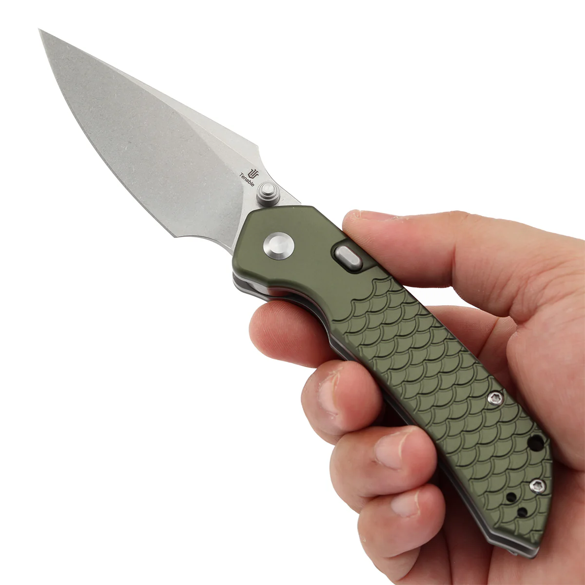 Tenable Fenrir Top Liner Lock Folding Knife| 3.4“ Stonewashed Nitro-V Blade | Green Anodized Aluminum with Fishscale Texture Handle | Sparrow Knife Design | B1034H7 - Image 9