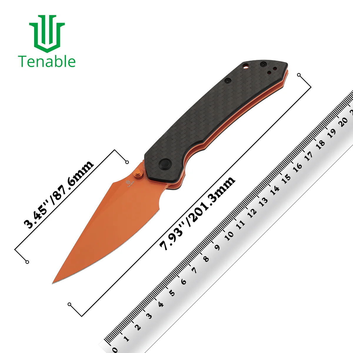 Tenable Fenrir Top Liner Lock Folding Knife| Twill Carbon Fiber Handle | 3.48“ Orange Coated Nitro V Blade | Sparrow Knife Design | B1034H5 - Image 10