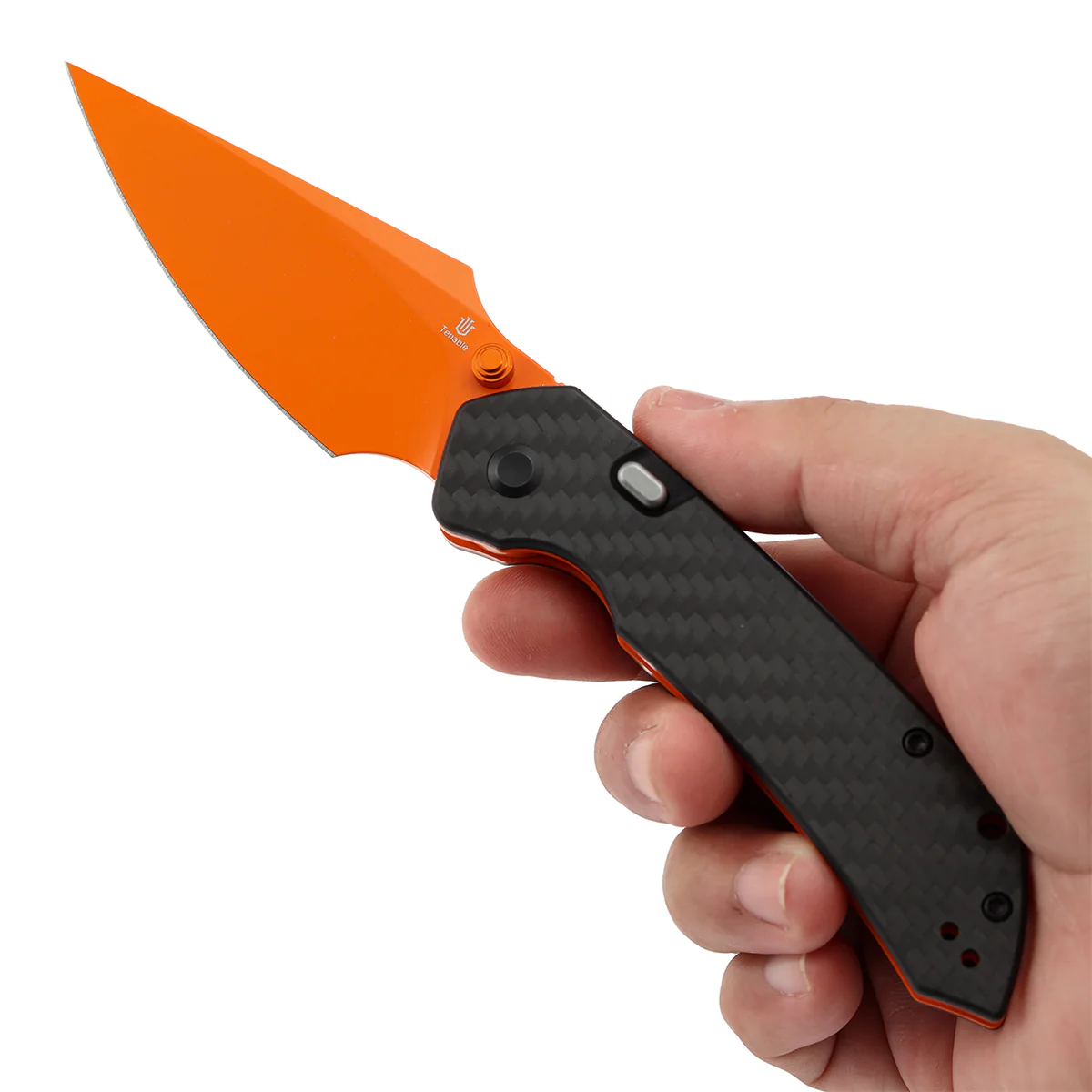 Tenable Fenrir Top Liner Lock Folding Knife| Twill Carbon Fiber Handle | 3.48“ Orange Coated Nitro V Blade | Sparrow Knife Design | B1034H5 - Image 9