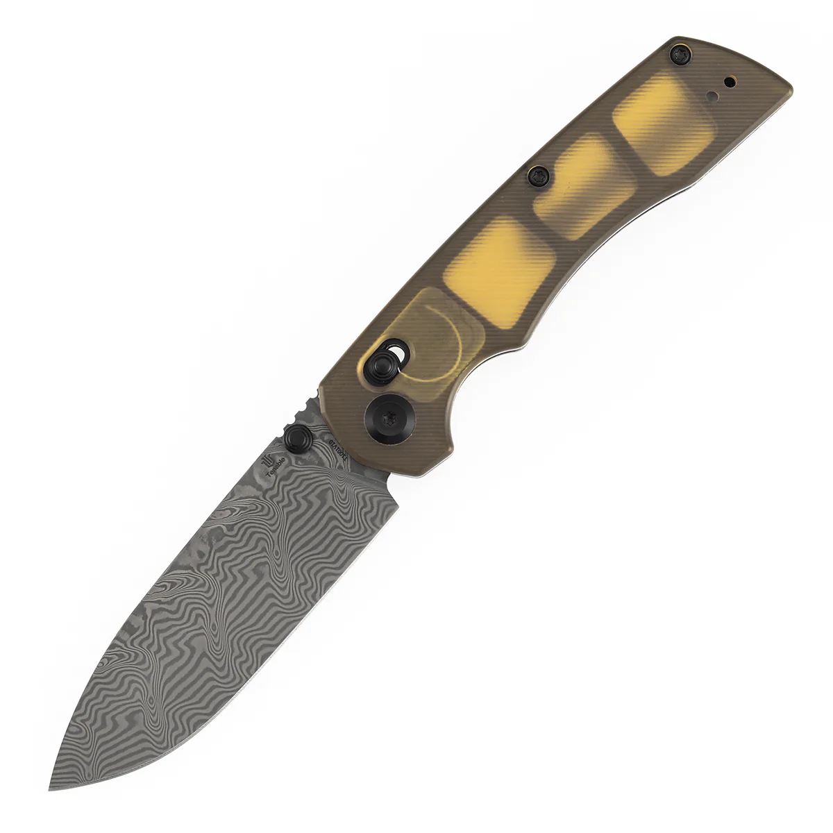 Tenable Kryo Cross Bar Lock | Amber PEI/Ultem Handle | 3.58‘’ Damascus Blade | Kim Ning Design-T1001V10 - Image 2