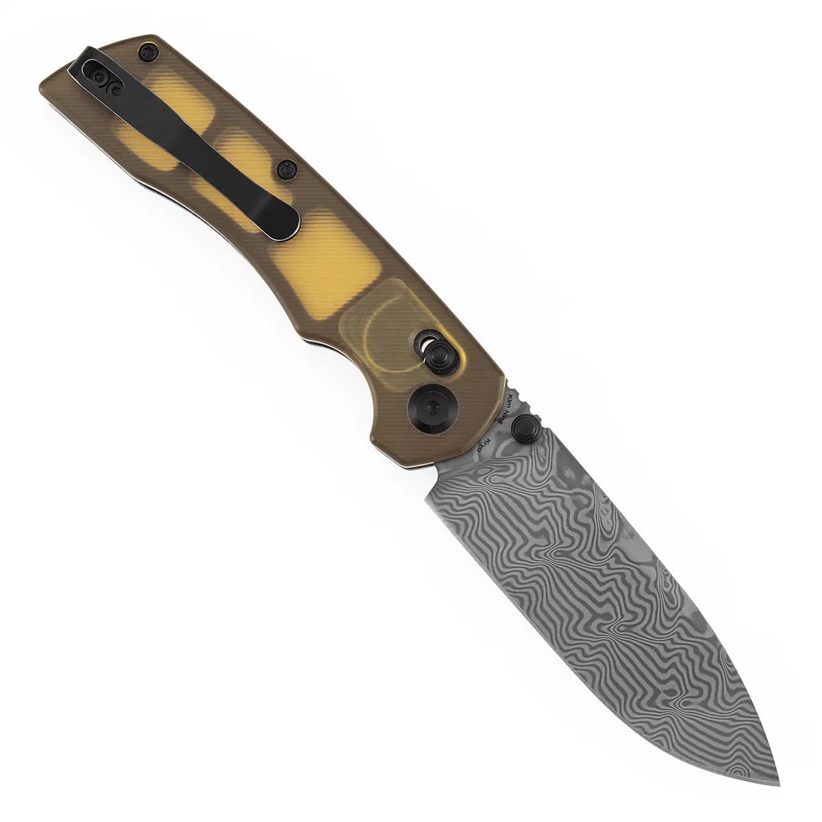 Tenable Kryo Cross Bar Lock | Amber PEI/Ultem Handle | 3.58‘’ Damascus Blade | Kim Ning Design-T1001V10 - Image 3