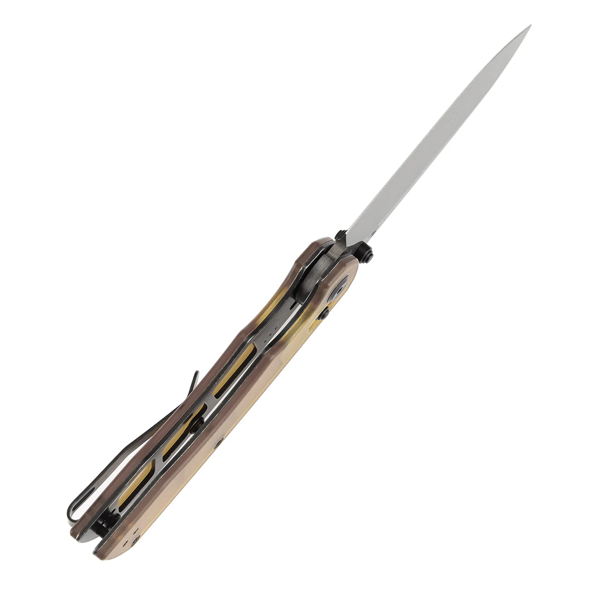 Tenable Kryo Cross Bar Lock | Amber PEI/Ultem Handle | 3.58‘’ Damascus Blade | Kim Ning Design-T1001V10 - Image 5