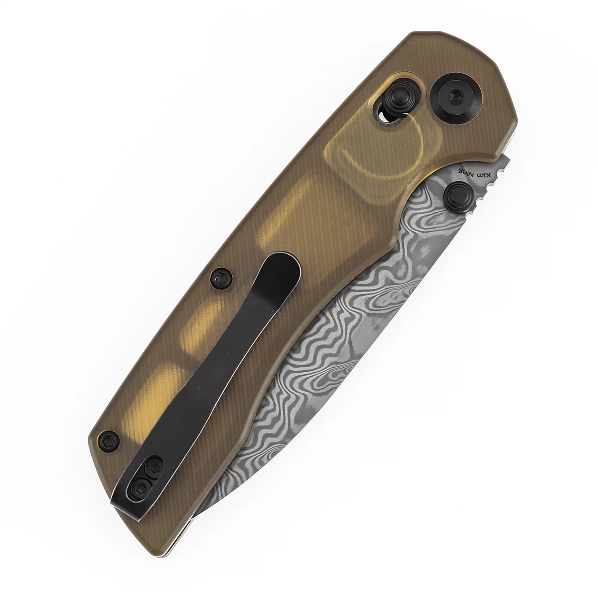 Tenable Kryo Cross Bar Lock | Amber PEI/Ultem Handle | 3.58‘’ Damascus Blade | Kim Ning Design-T1001V10 - Image 7