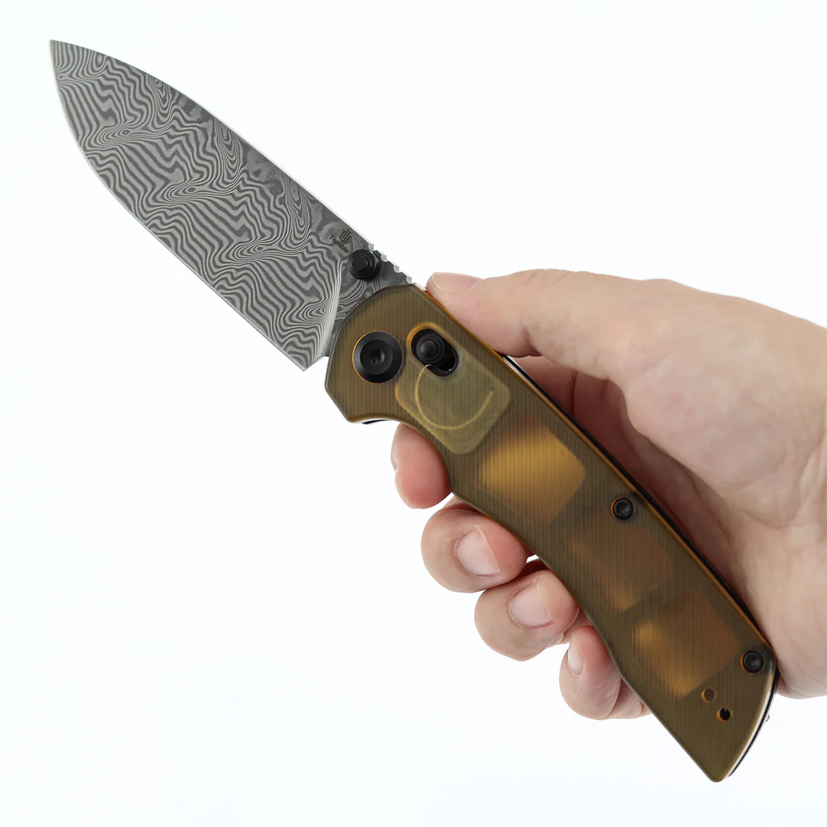 Tenable Kryo Cross Bar Lock | Amber PEI/Ultem Handle | 3.58‘’ Damascus Blade | Kim Ning Design-T1001V10 - Image 9