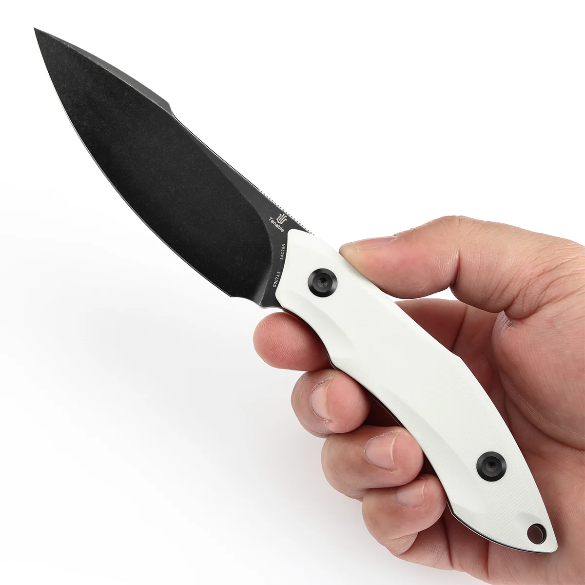Tenable Luccio Fixed Blade Knife with White G10 Handle (3.81" Blackwash 14C28N Blade) - Bolt Vision Design - G007A3 - Image 6