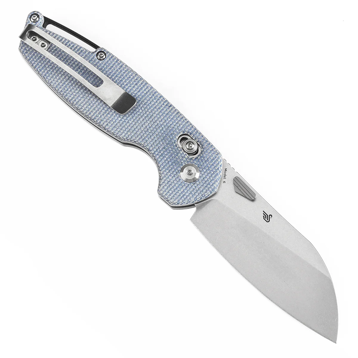Tenable Model 6 Cross Bar Lock Blue Micarta Handle (3.1" Stonewashed 14C28N Blade) Nick Swan Design--T1022V6 - Image 3