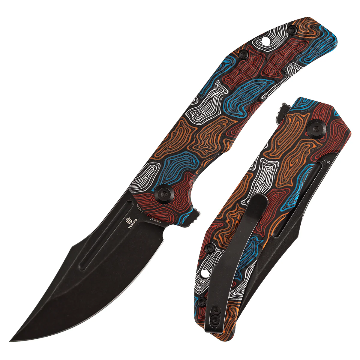 Tenable Orion Liner Lock | Multi-color Topo G-mascus Handle | Blackwashed 14C28N | JB Stout Design | B1089A7